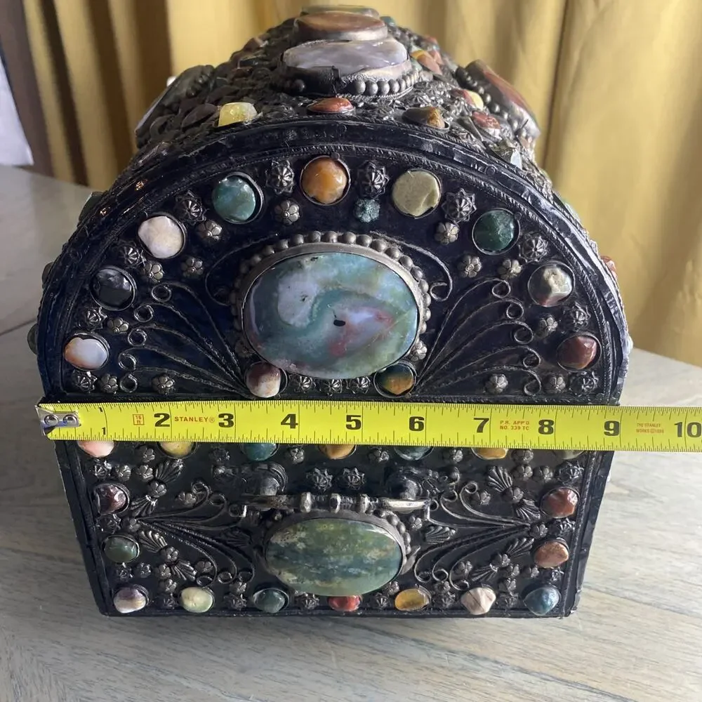 Vintage Moroccan Indian Wedding Jewelry Chest Box Dome Top Mixed Stones
